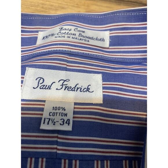 Paul Fredrick‎ Dress Shirt Mens 17.5-34 Long Sleeve Red Blue White stripe - Picture 2 of 2